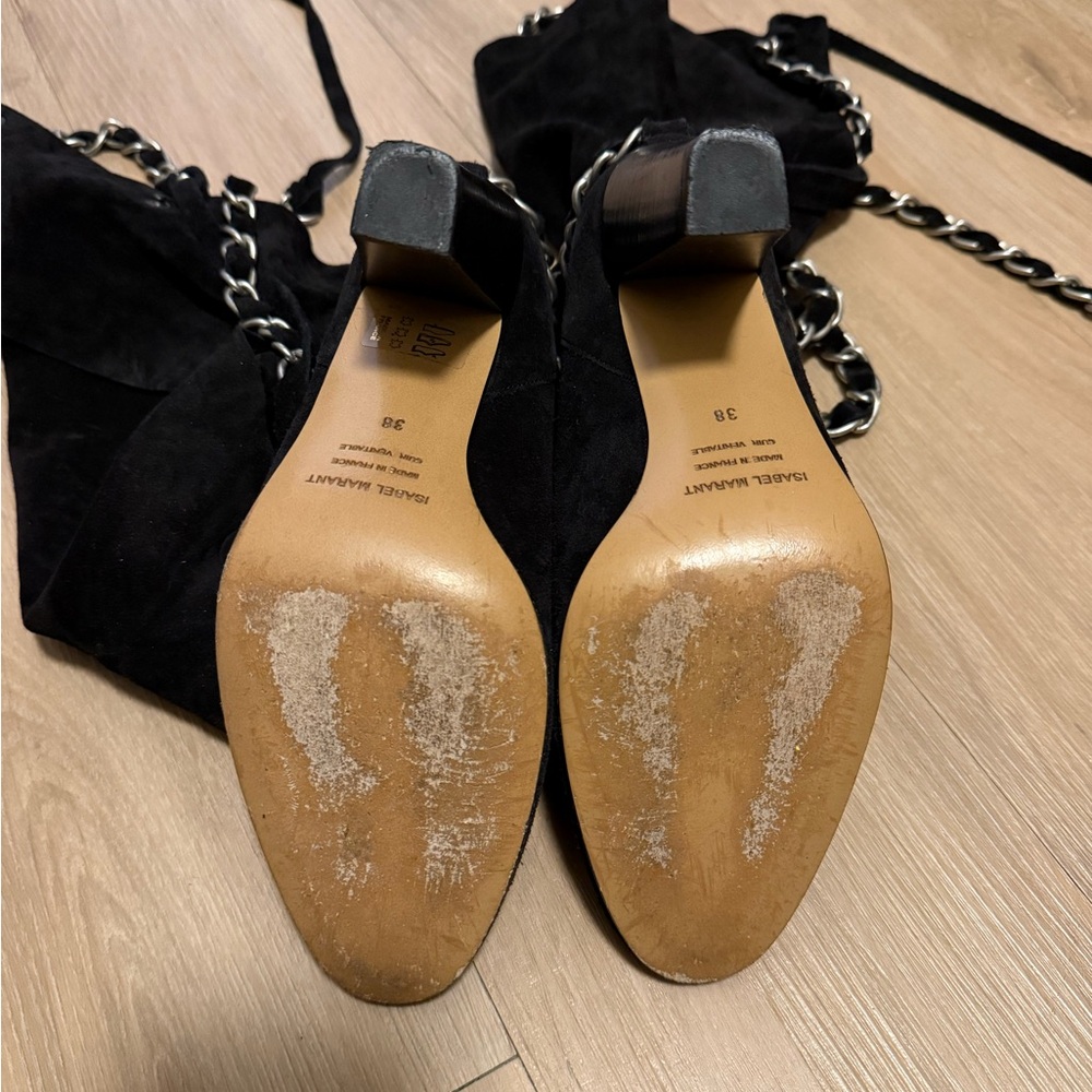Black Suede Chain-Embellished Boots - Picture 9 of 9